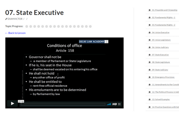 Screenshot of Indian Constitution video lesson in DLA DU LLB Online Course