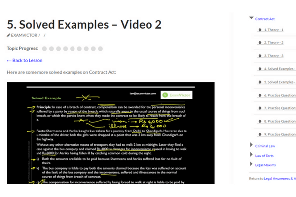 Solved Examples in Contract Act Criminal Law and Law of Tort in DLA's Online Course for DU LLB Entrance