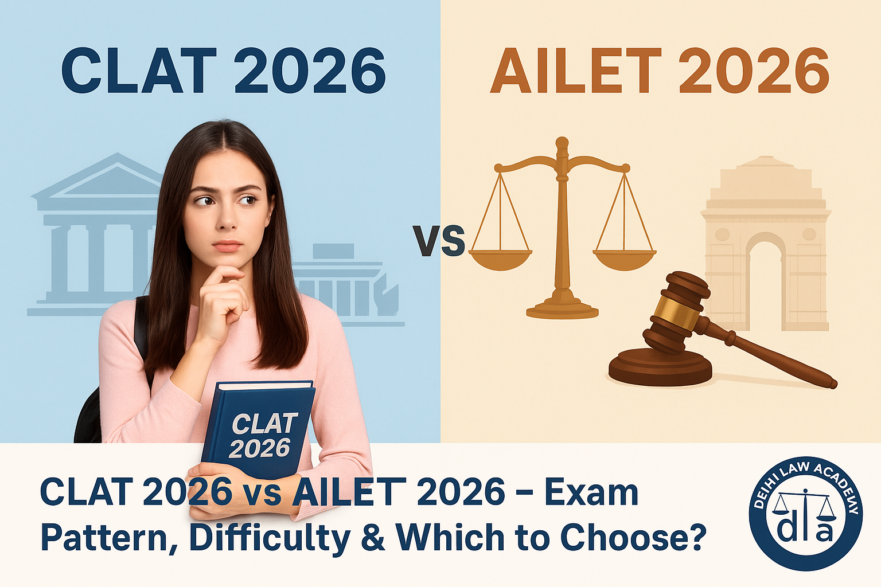 CLAT 2026 vs AILET 2026 – Side-by-side comparison with a realistic student looking confused, law books, and Delhi Law Academy logo.