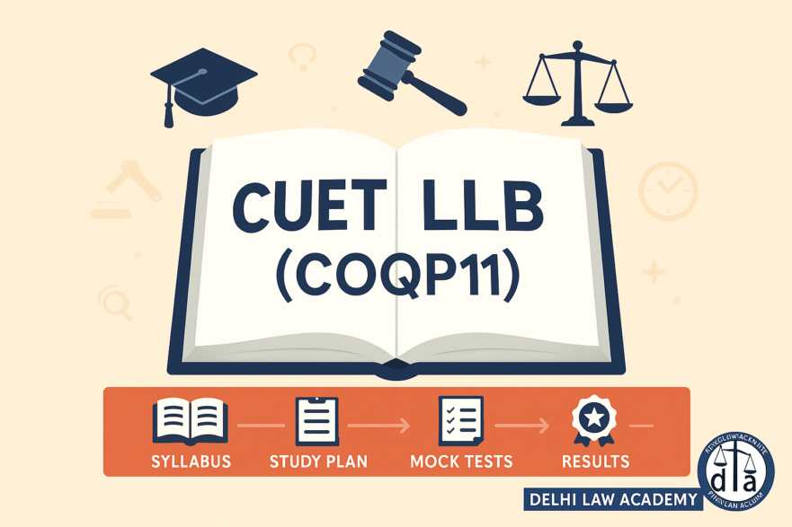 Open book with CUET LLB (COQP11) text, surrounded by legal icons and preparation steps, with Delhi Law Academy logo.