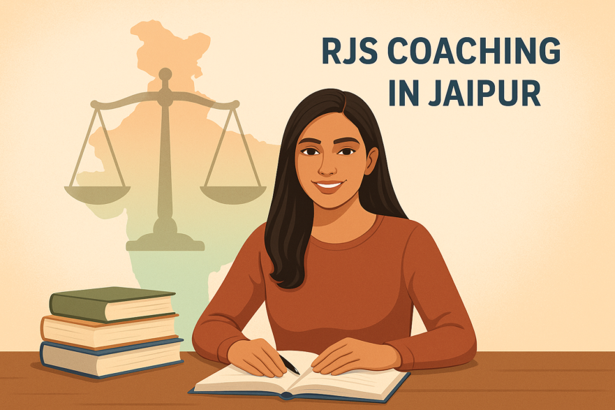 Law student studying for Rajasthan Judicial Services (RJS) exam with books and justice scales background