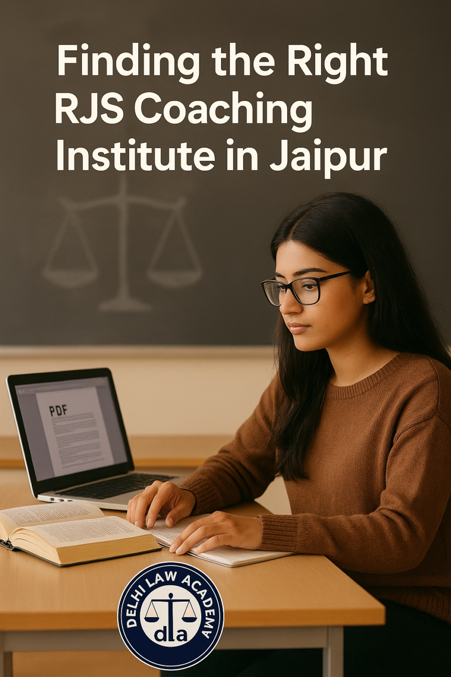 Student studying with open books and digital notes in a modern classroom, symbolizing RJS coaching guidance by Delhi Law Academy Jaipur