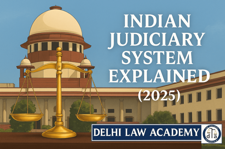 Indian Judiciary System Explained 2025 – Supreme Court Building with Scales of Justice – Delhi Law Academy
