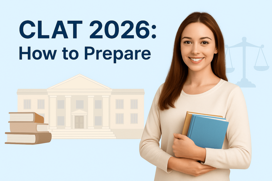 A smiling student holding books with law-themed graphics in the background, alongside the text “CLAT 2026: How to Prepare