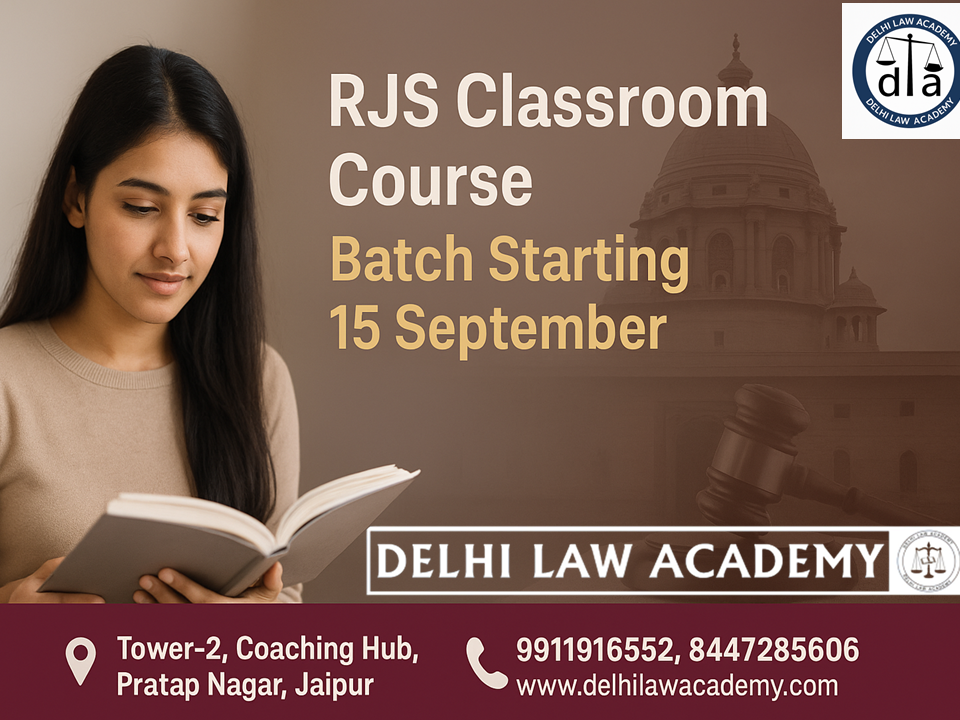 Young Indian female student wearing glasses reading a book, with Rajasthan High Court and gavel in the background, promoting RJS Classroom Course by Delhi Law Academy.