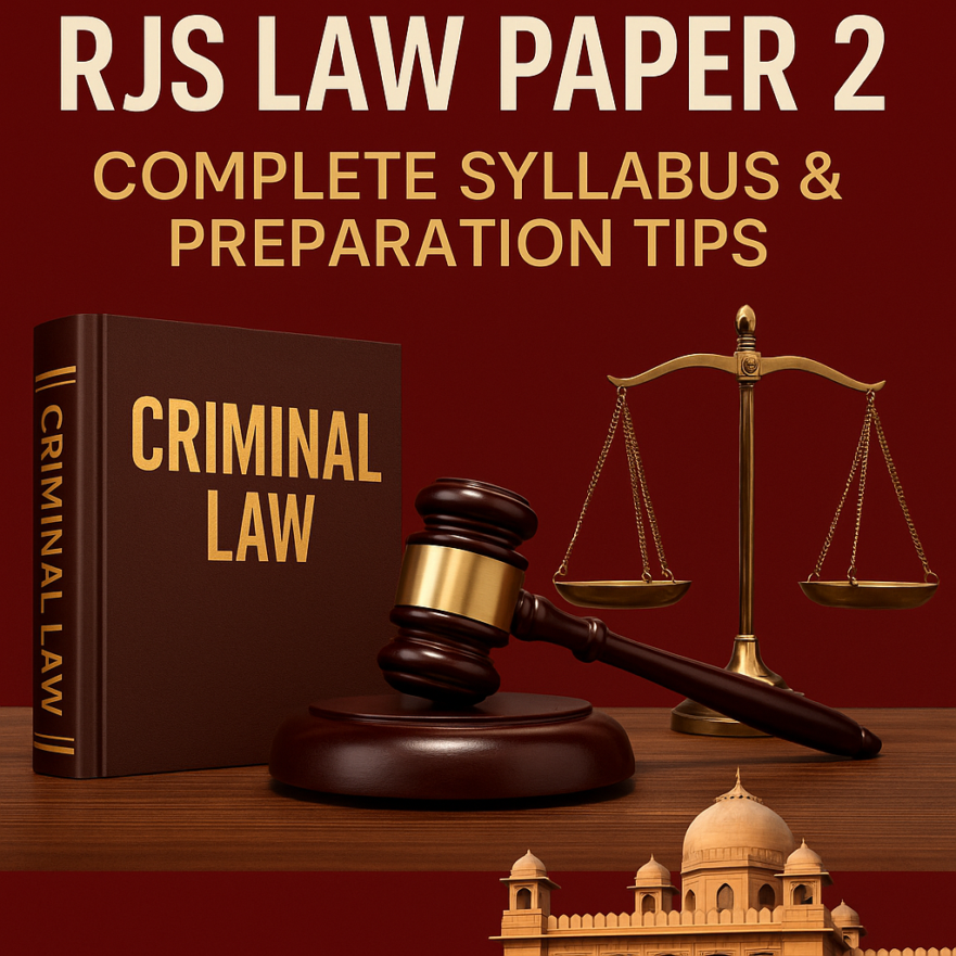 Criminal law preparation for RJS Mains Law Paper 2 with legal books, scales of justice, and gavel