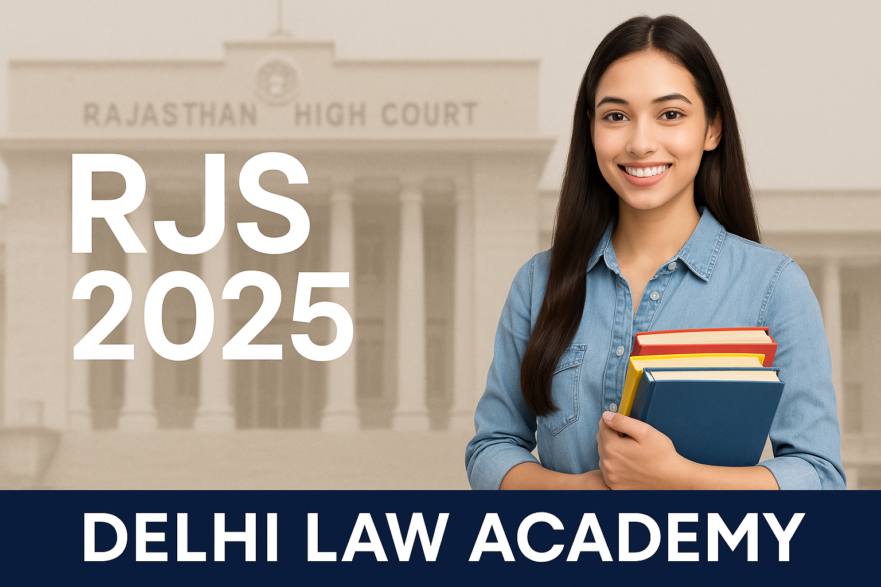 RJS 2025 Exam Analysis – Delhi Law Academy with student image and Rajasthan High Court