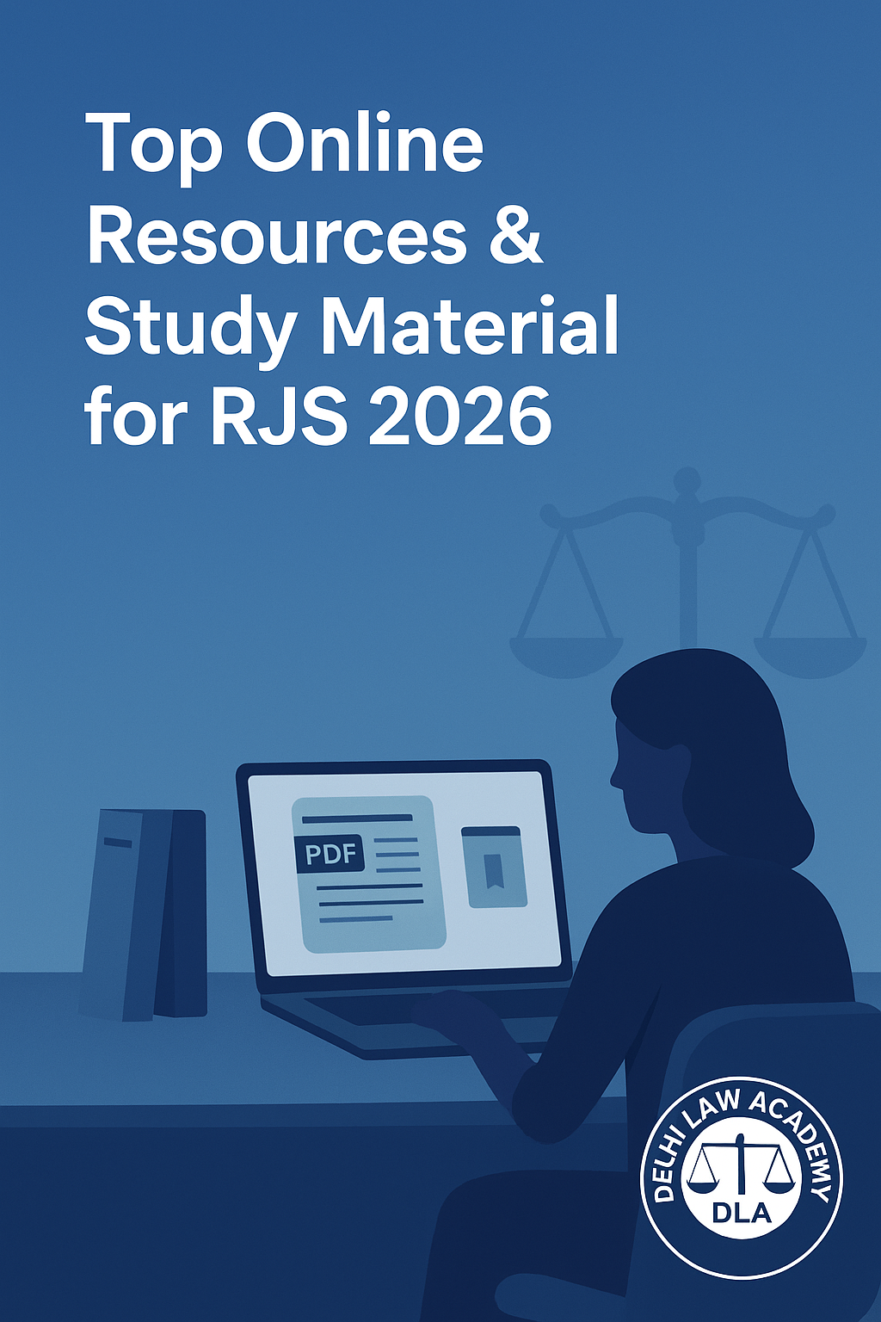 Digital graphic promoting top online resources and study material for RJS 2026 with Delhi Law Academy logo, showing books, laptop, and scales of justice