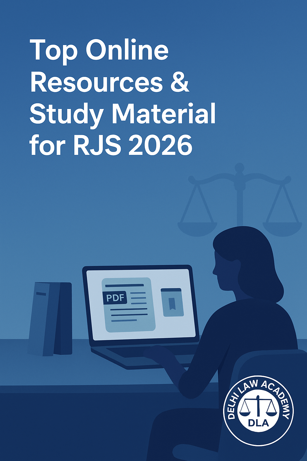 Digital graphic promoting top online resources and study material for RJS 2026 with Delhi Law Academy logo, showing books, laptop, and scales of justice.
