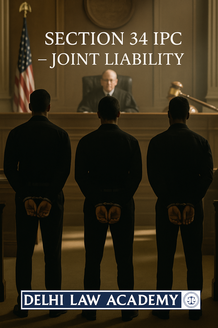 Three silhouetted male figures in handcuffs before a judge’s gavel – representing joint criminal liability