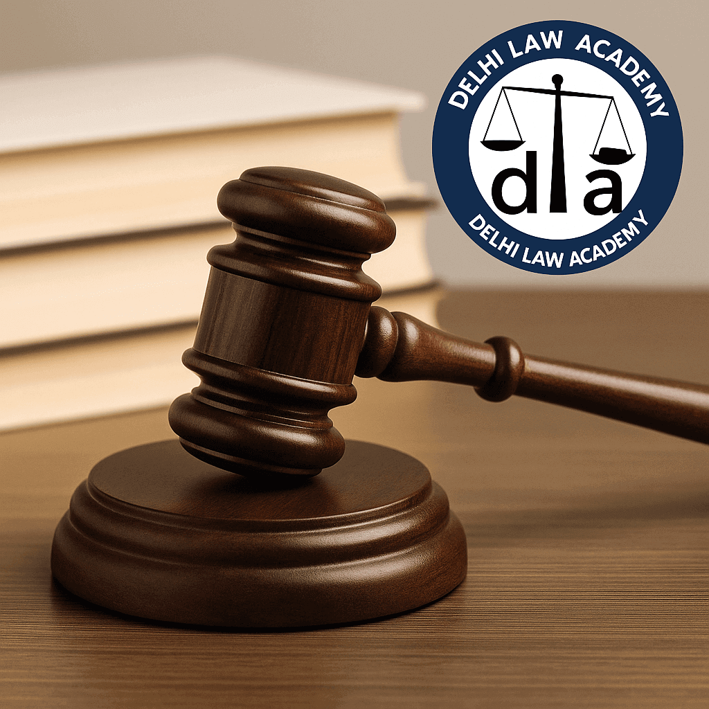 Flat illustration showing scales of justice, legal book, and gavel representing IPC test