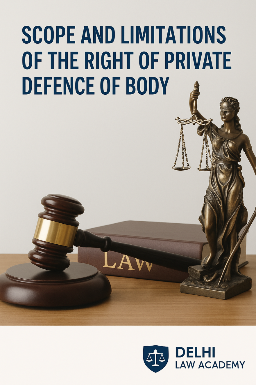 Lady Justice statue, gavel, and law book representing the scope and limitations of the right of private defence under Indian law, with Delhi Law Academy logo.