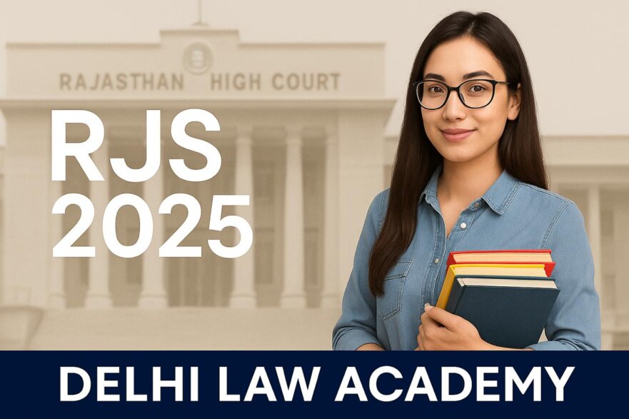 Female law student holding bare act books for RJS Mains 2025 preparation