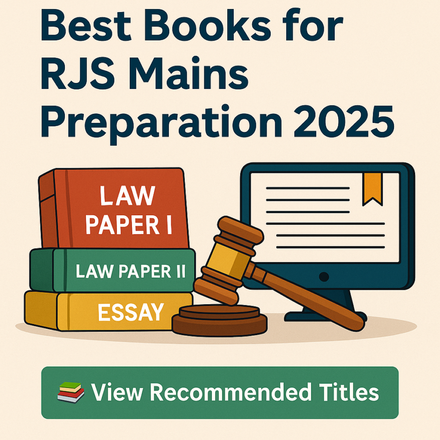 Digital illustration showing resources for RJS Mains preparation, including books, notes, and stationery.