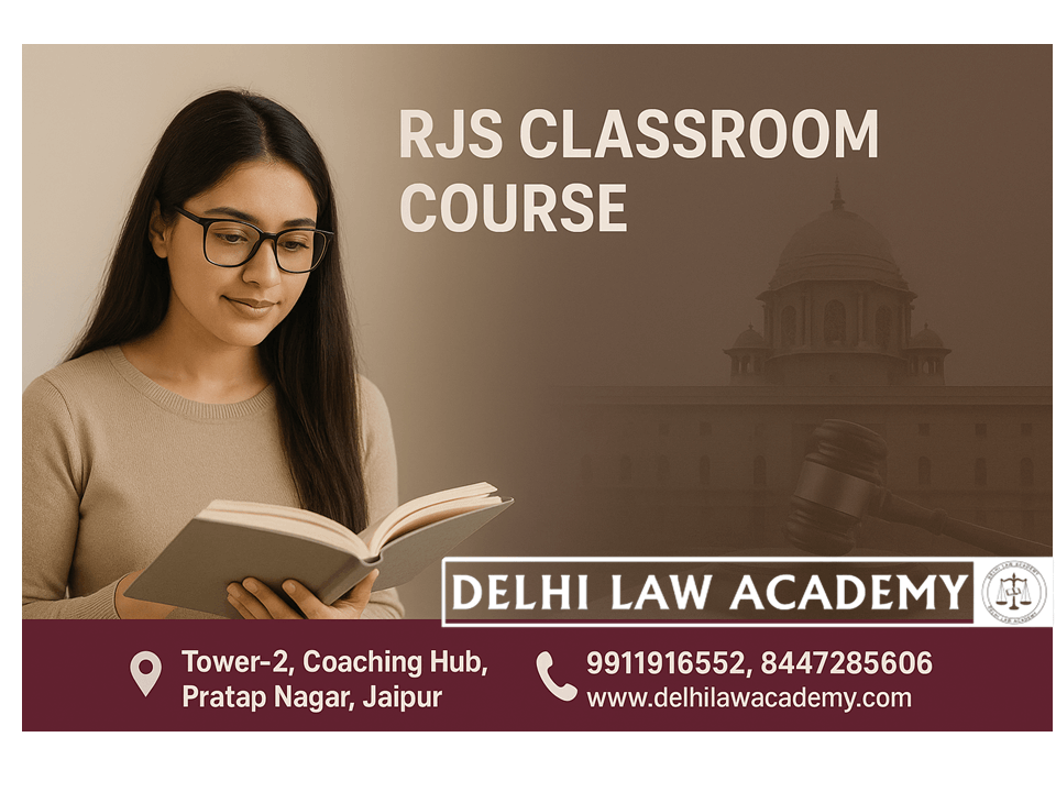 Law student studying for Rajasthan Judicial Services (RJS) exam with books and justice scales background