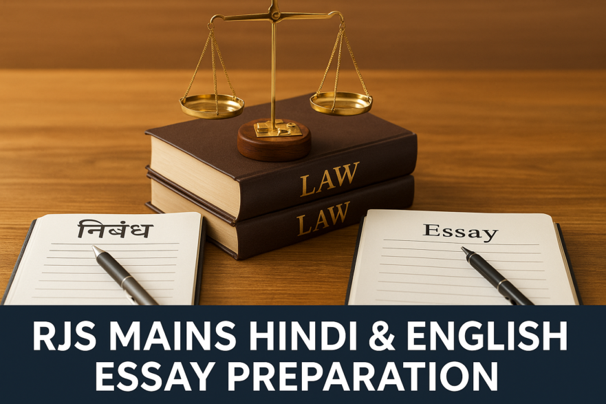 Study materials and writing setup for RJS Mains Hindi and English Essay preparation