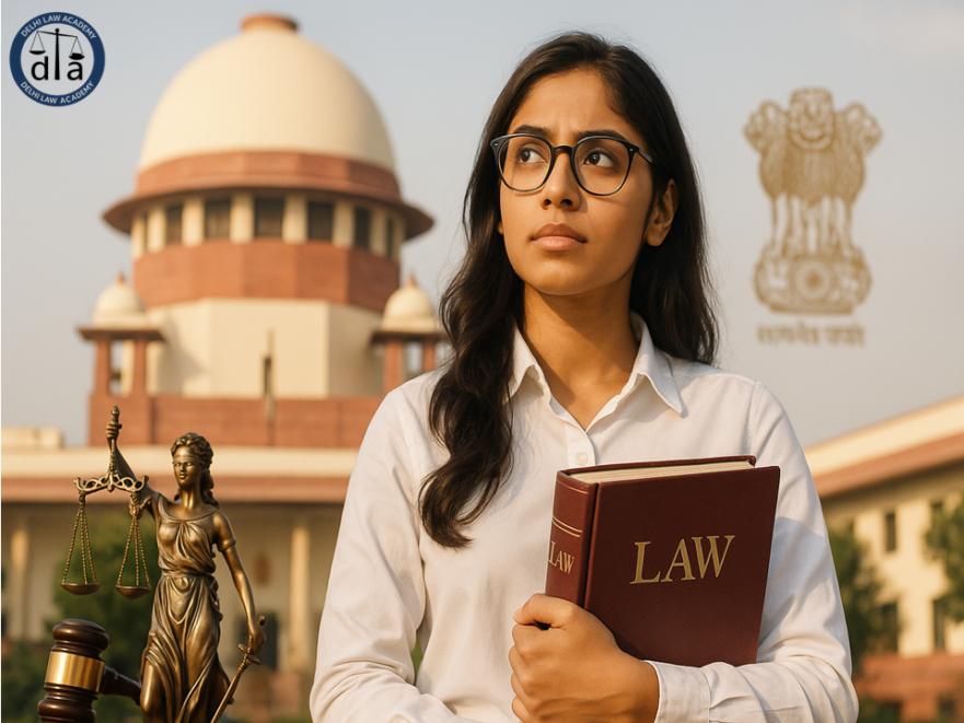 Pretty Indian female law student holding books, looking thoughtful in front of the Supreme Court of India, with Lady Justice scales, gavel, and Ashok emblem subtly in the background