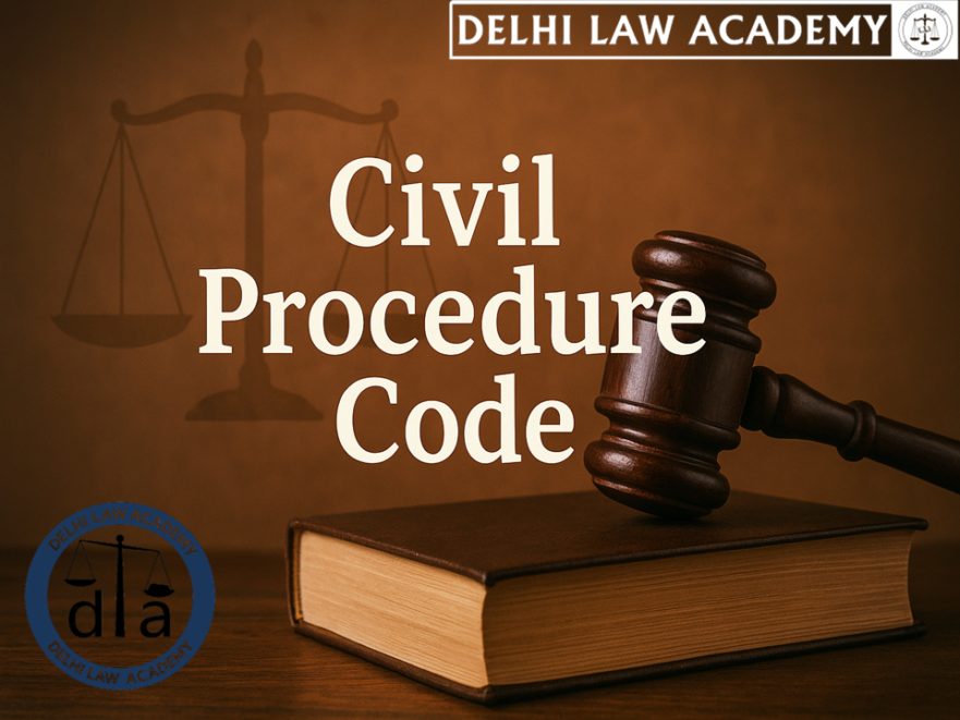 A judge’s gavel placed on a law book with the text Civil Procedure Code and a faint Scales of Justice watermark.