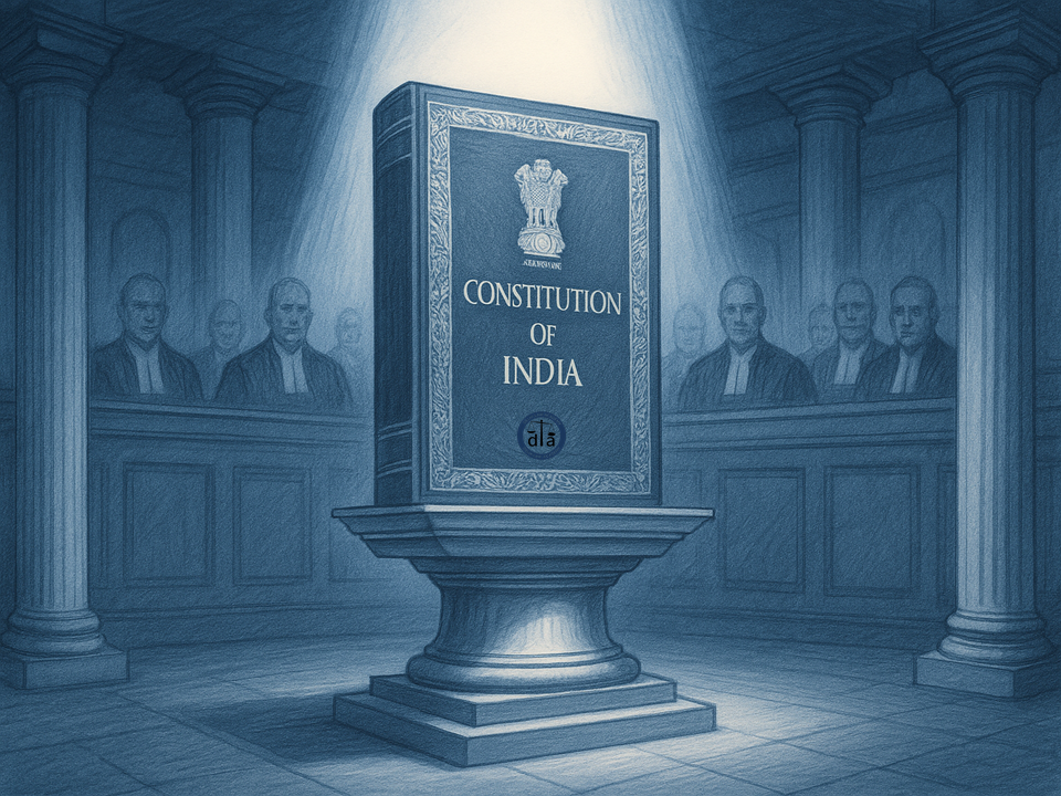 Flat illustration showing scales of justice, legal book, and gavel representing IPC test