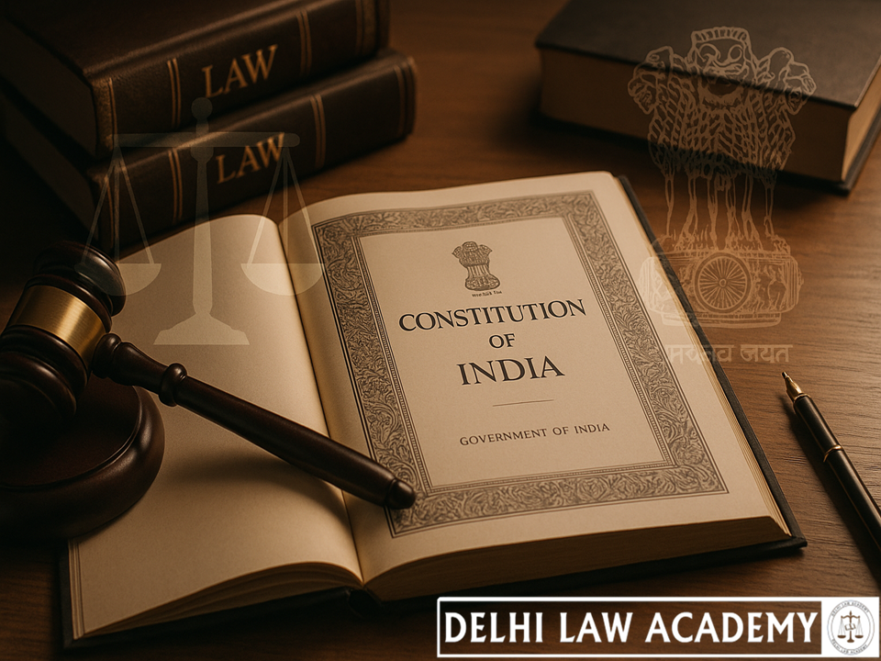 constitution of india opened on a desk with gavil and ashoka emblem