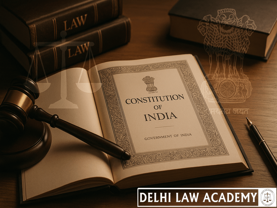 constitution of india open on a desk with gavil and ashoka emblem