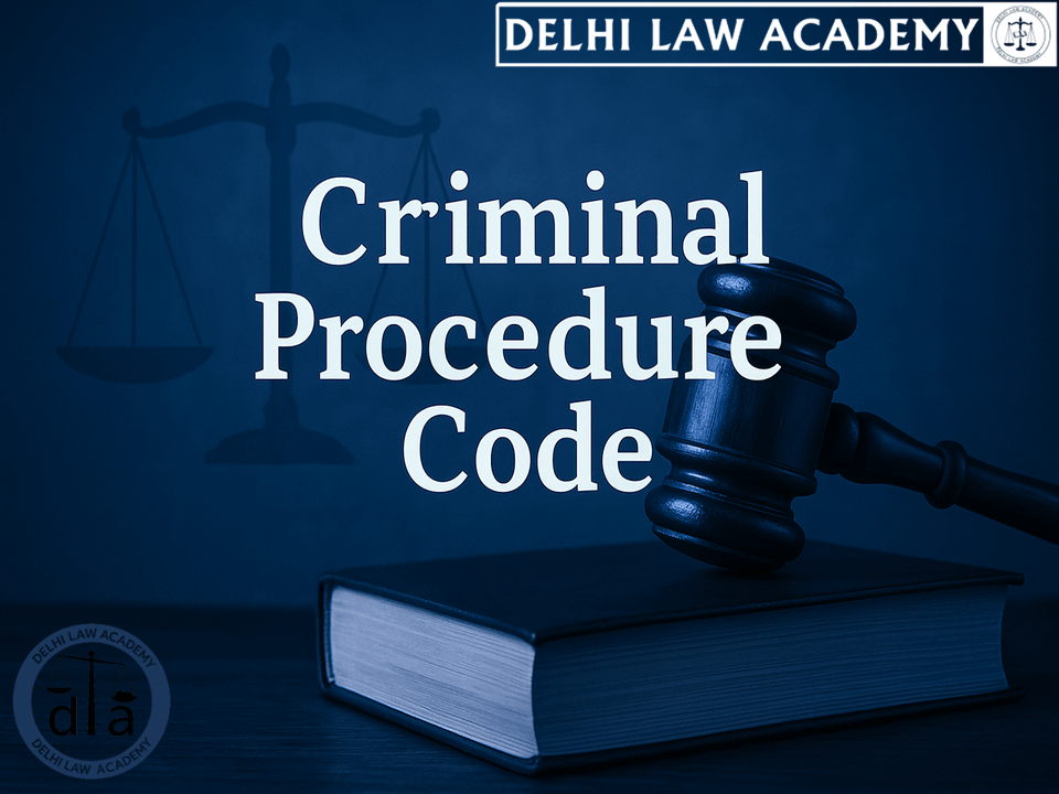 Blue-toned image with the text 'Criminal Procedure Code' in bold white font, featuring a judge’s gavel resting on a closed law book, and a faint silhouette of the Scales of Justice in the background