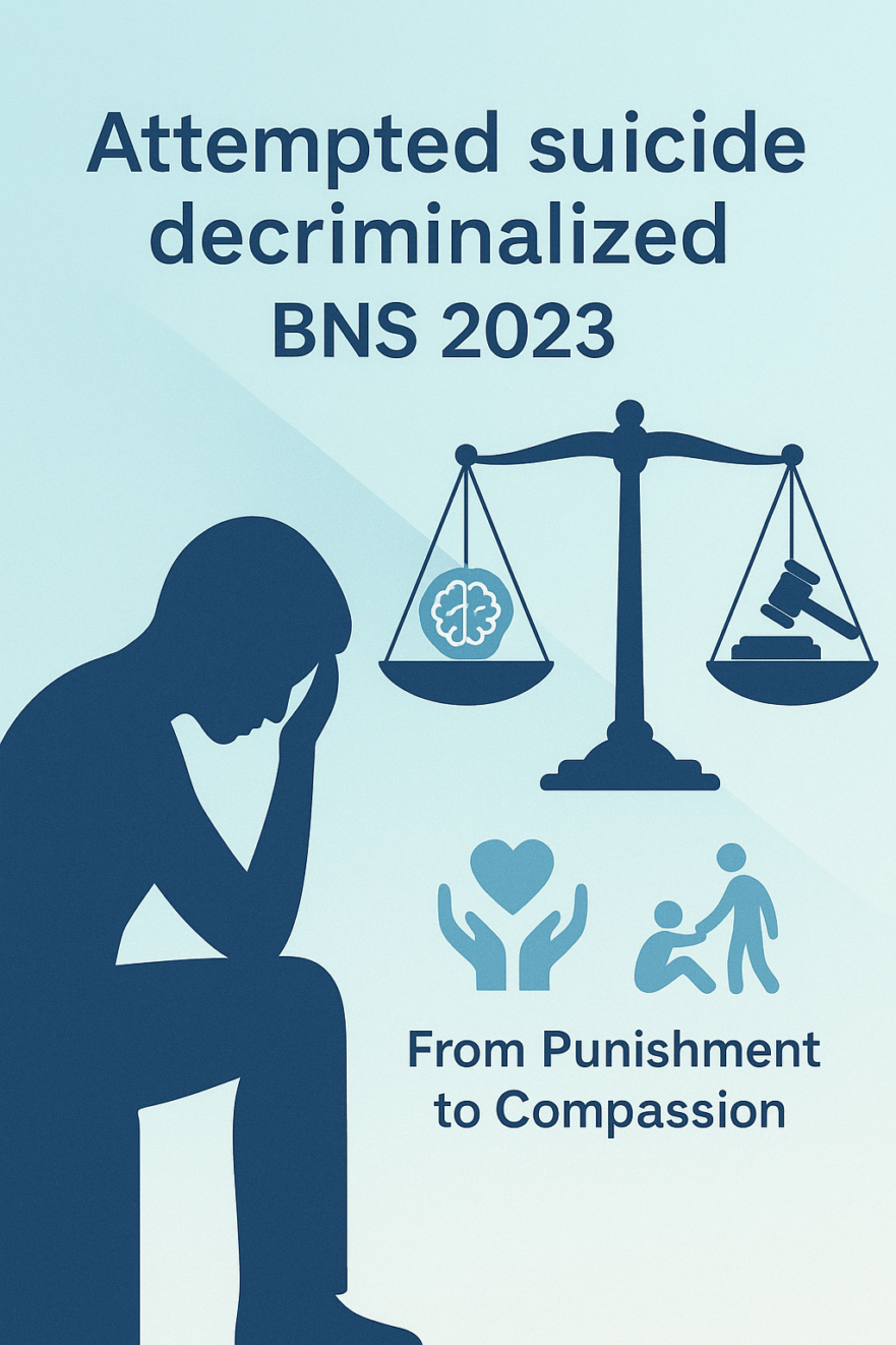 An informative illustration representing India’s decriminalization of attempted suicide under the Bharatiya Nyaya Sanhita (BNS), 2023. Highlights mental health focus, legal reforms, and compassionate support for individuals in crisis.
