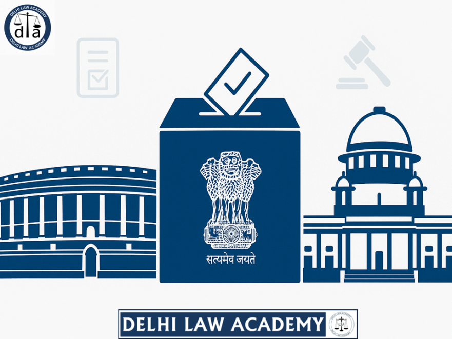 Illustration of Indian Parliament and Supreme Court with symbols of Constitution, gavel, and ballot box, representing Article 368 amendments and judicial review