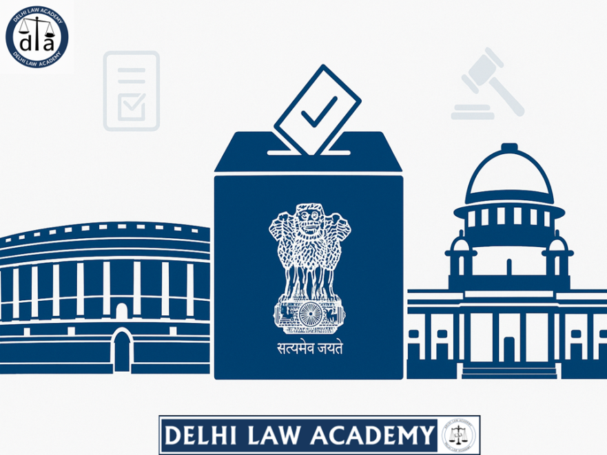 Illustration of Indian Parliament and Supreme Court with symbols of Constitution, gavel, and ballot box, representing Article 368 amendments and judicial review