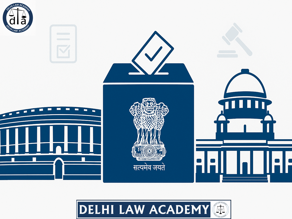 Flat illustration showing scales of justice, legal book, and gavel representing IPC test