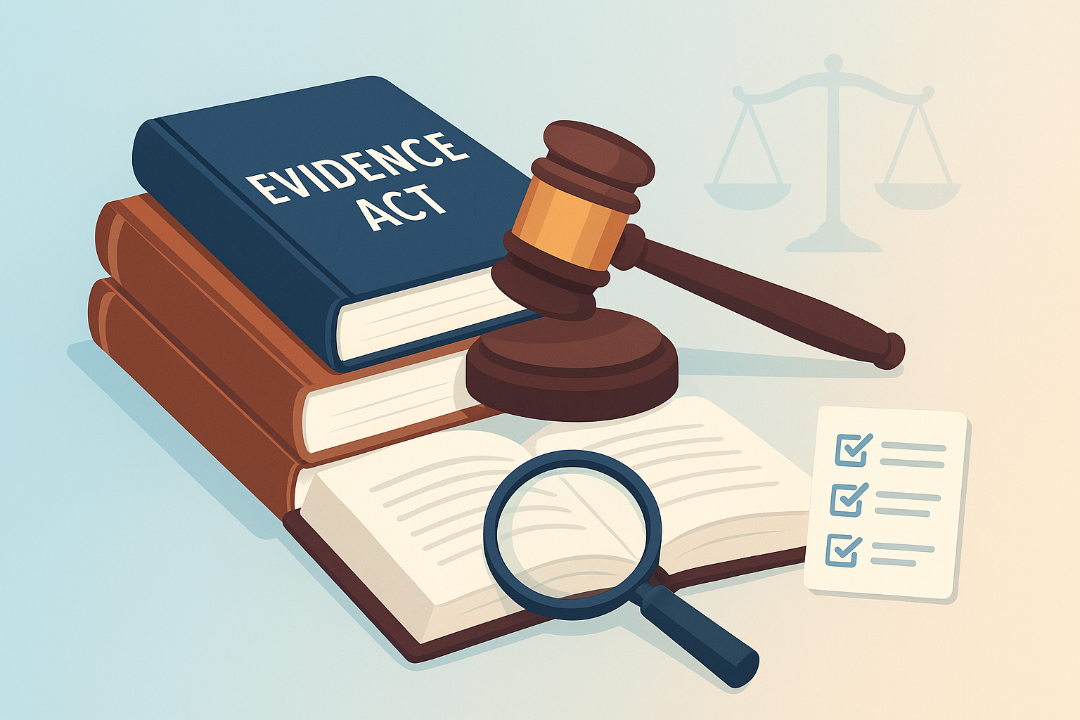 Flat illustration showing scales of justice, legal book, and gavel representing IPC test