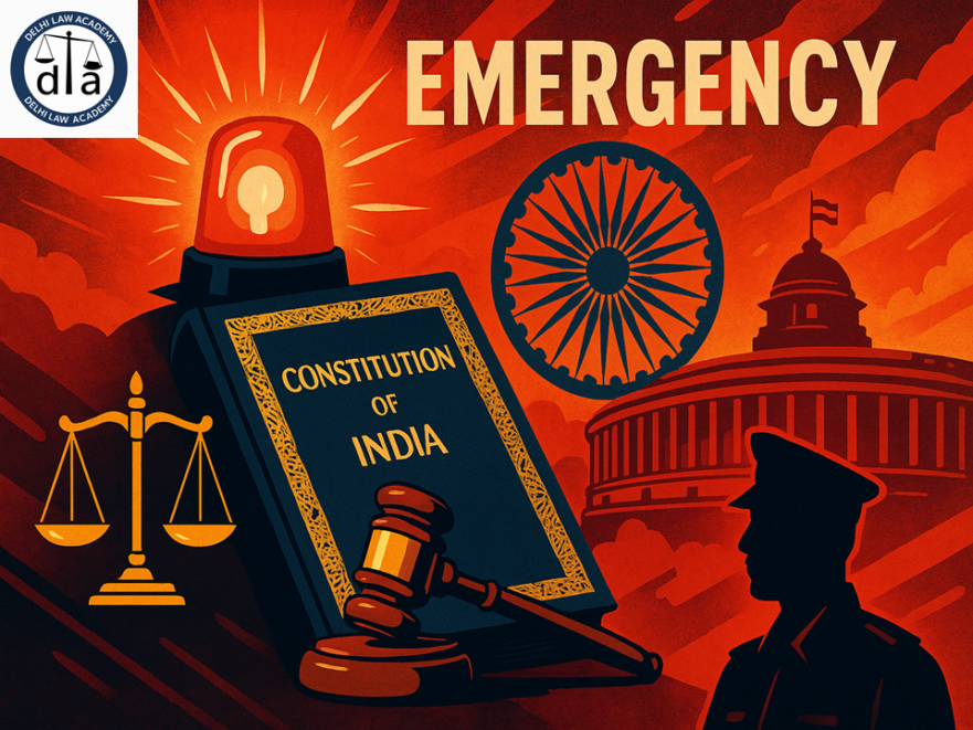Illustration representing Emergency Provisions in India, featuring the Indian Constitution, Parliament, and symbols of law and governance, highlighting Articles 352-359 and the concept of national emergency."
