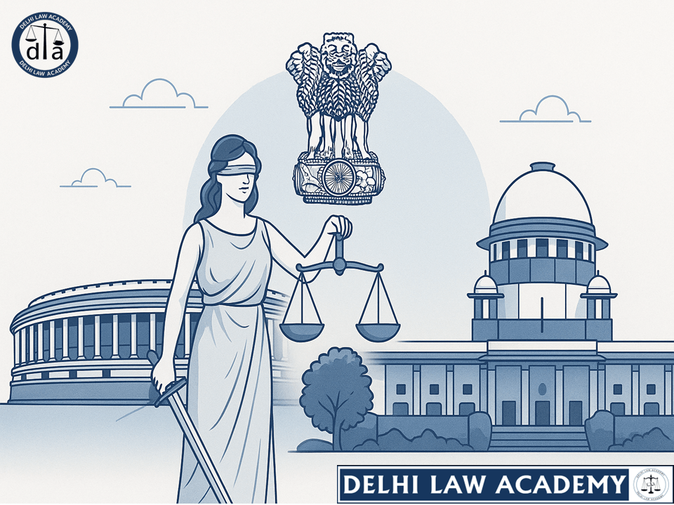 Flat illustration showing scales of justice, legal book, and gavel representing IPC test