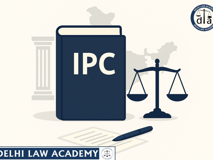 Flat illustration showing scales of justice, legal book, and gavel representing IPC test