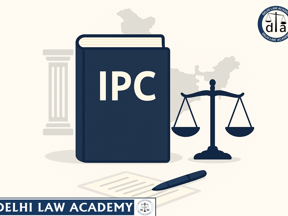 Flat illustration showing scales of justice, legal book, and gavel representing IPC test