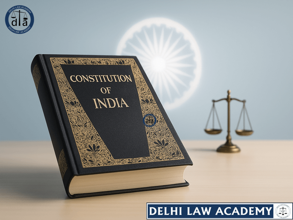 Flat illustration showing scales of justice, legal book, and gavel representing IPC test