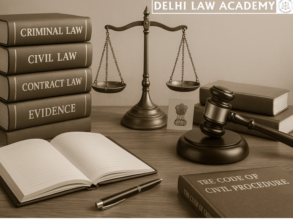 Law books, gavel, scales of justice with Indian emblem, and exam writing setup with pen, notebook, and bare acts for judicial services mains exam.