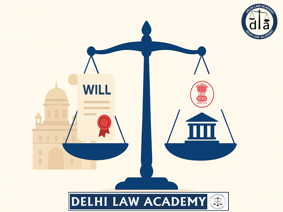 Illustration of scales of justice with a will document on one side and the Rajasthan government emblem with a building on the other, symbolizing the Khetri Trust case.