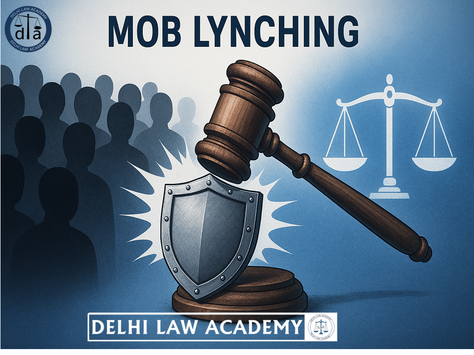 Flat illustration showing scales of justice, legal book, and gavel representing IPC test