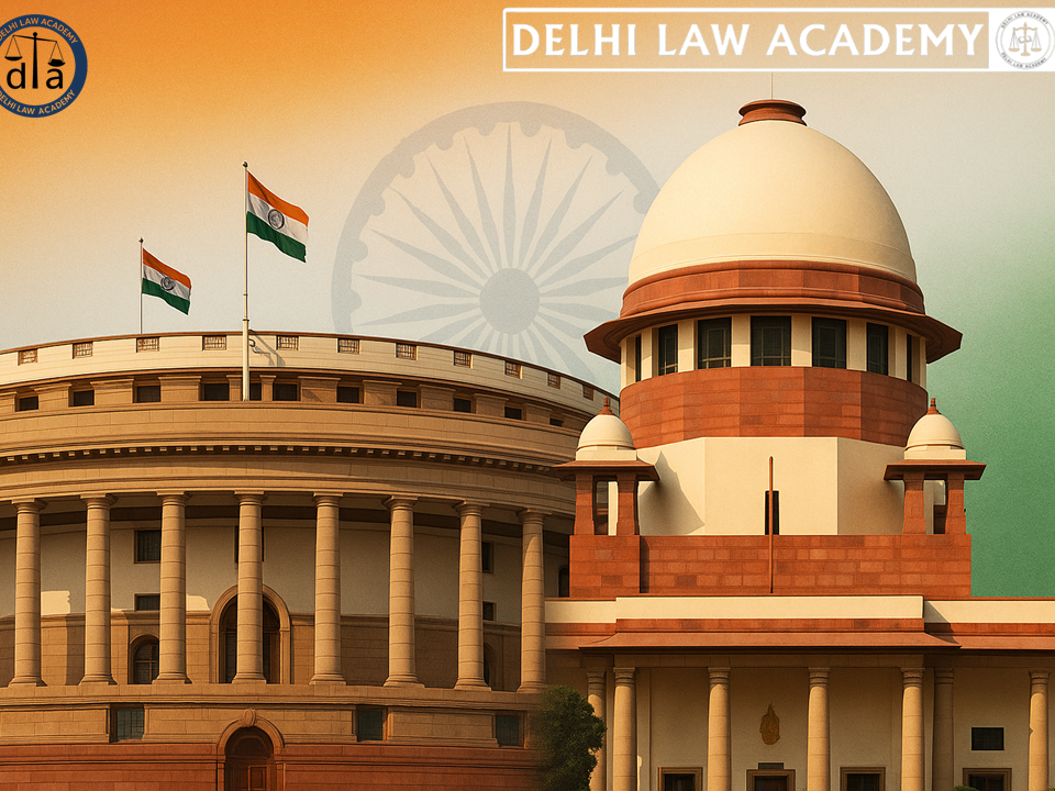 Flat illustration showing scales of justice, legal book, and gavel representing IPC test
