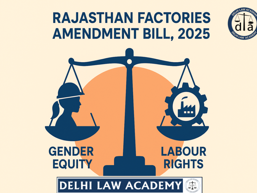 Digital illustration of balanced scales showing a female factory worker for gender equity on one side and a factory gear for labour rights, symbolizing the Rajasthan Factories Amendment Bill 2025.