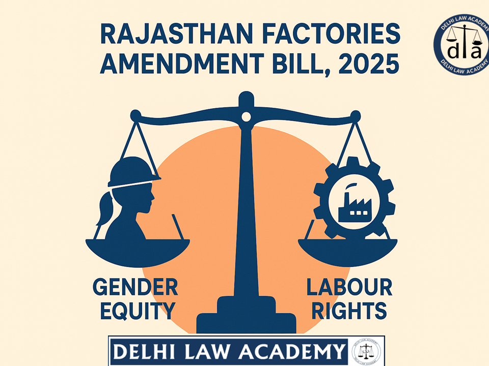 Digital illustration of balanced scales showing a female factory worker for gender equity on one side and a factory gear for labour rights, symbolizing the Rajasthan Factories Amendment Bill 2025.