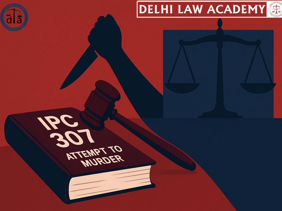 Flat illustration showing a gavel, law book labeled “IPC 307 – Attempt to Murder,” and scales of justice in the background, symbolizing criminal law and conviction under Section 307.