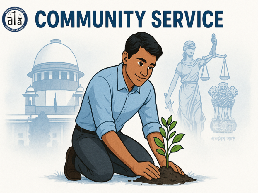 Young Indian student performing community service by planting a tree, with faded background of Supreme Court of India, Ashoka Pillar, and Lady Justice statue – representing reformative punishment under BNS 2023.