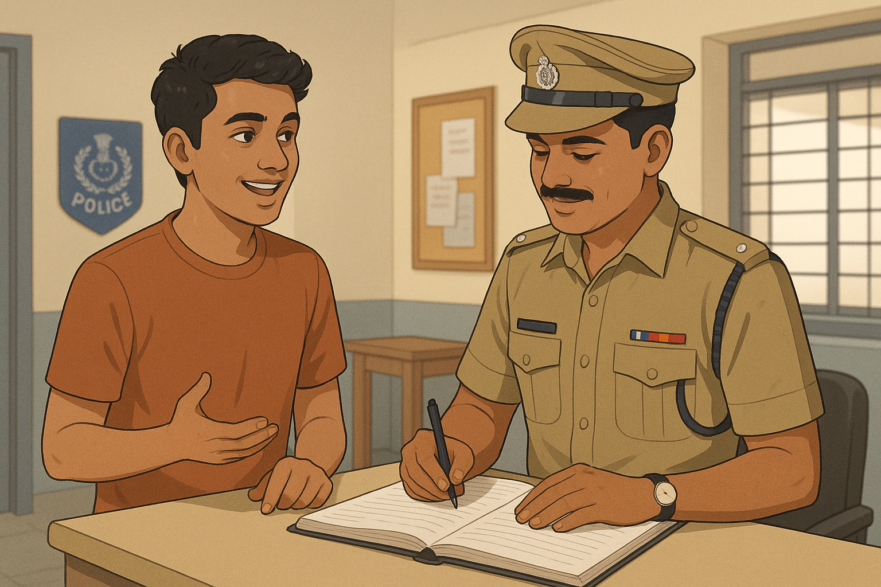 Indian citizen filing a complaint at a police station as the officer writes the FIR in a report book