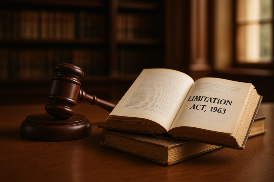 Wooden judge’s gavel and open law book showing the title ‘Limitation Act, 1963’ on a desk in an Indian courtroom, symbolizing legal studies and judicial principles.