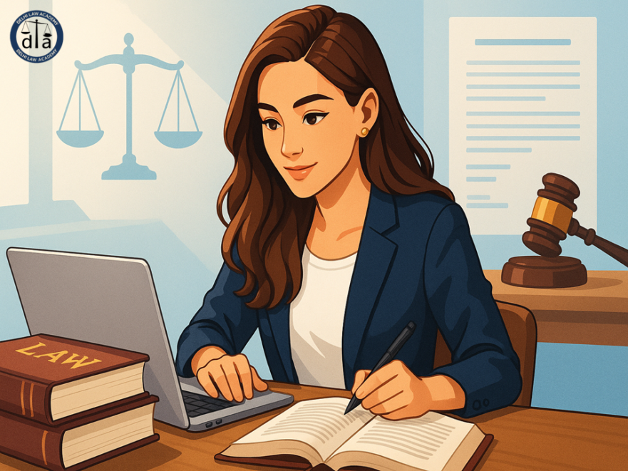 Young law student studying at desk with law books, laptop, and gavel in background, symbolizing understanding legal jargon and judiciary exam preparation, Delhi Law Academy