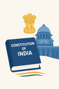 Flat design illustration showing the Constitution of India book, the Supreme Court building, and the Ashoka Pillar emblem with tricolor accents.