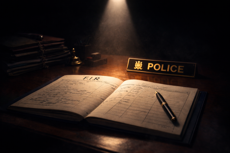 Illustration of FIR register in police station in India