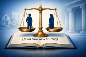 Balanced scales of justice showing son and daughter with Hindu Succession Act, 2005 law book representing equal inheritance rights.